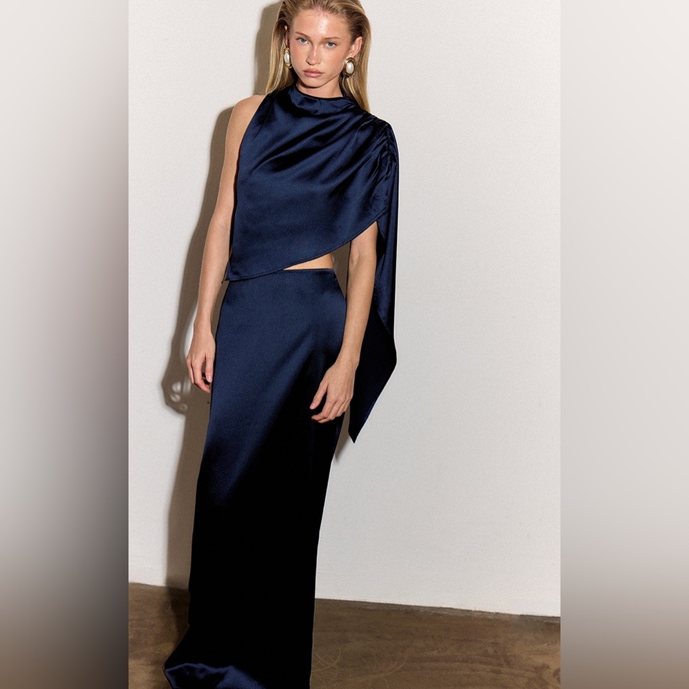 PrettyLittleThing navy satin drape top and midi skirt set NWT sizes 16 / 14
